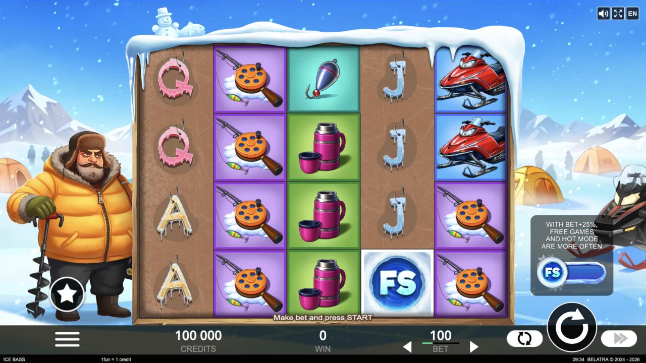 Official Ice Bass demo reel screen with five reels and four rows